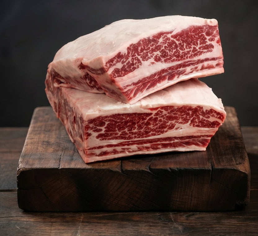 Two pieces of raw pork belly on a wooden cutting board with smoke effect against a dark background.
