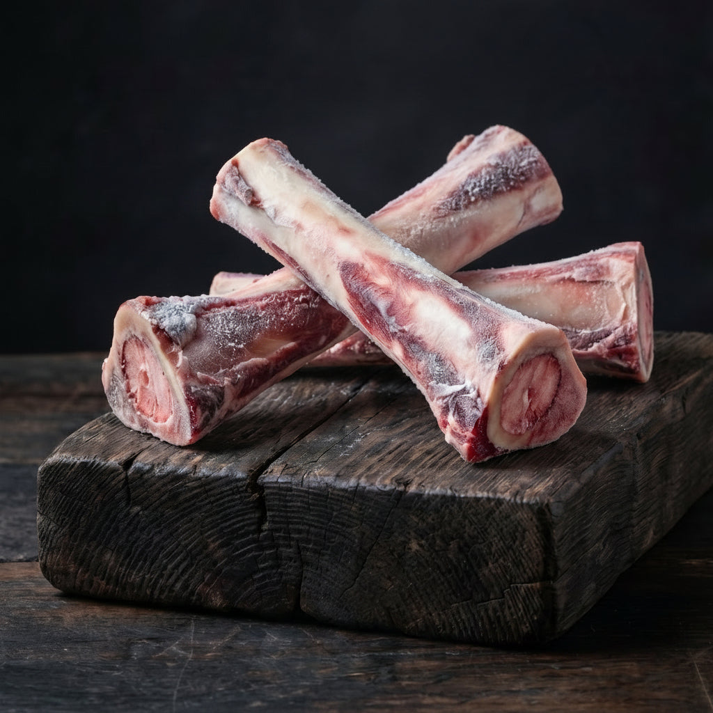 Three raw bones on a wooden board with smoke rising against a dark background