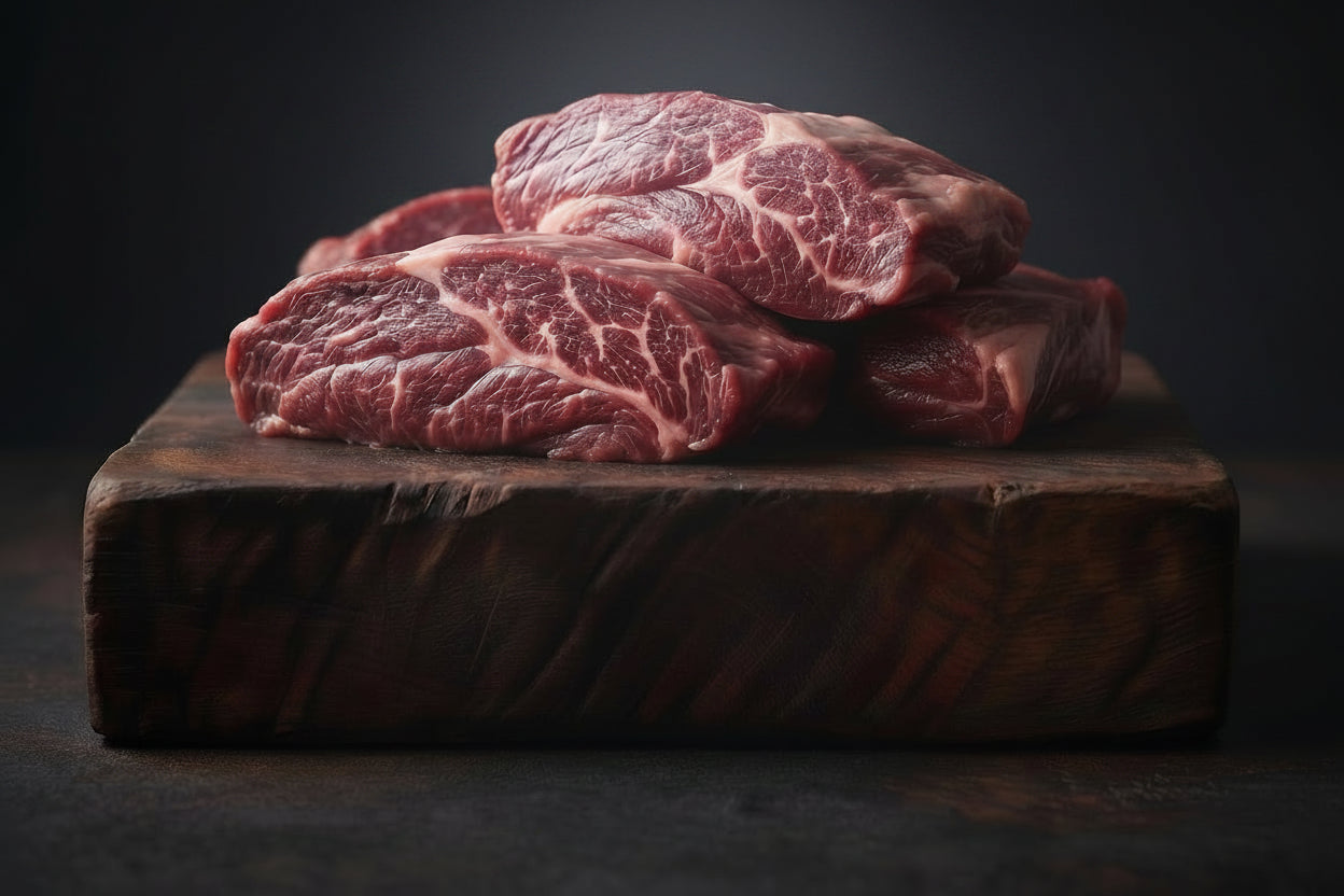 Raw red meat on a wooden cutting board with a dark background
