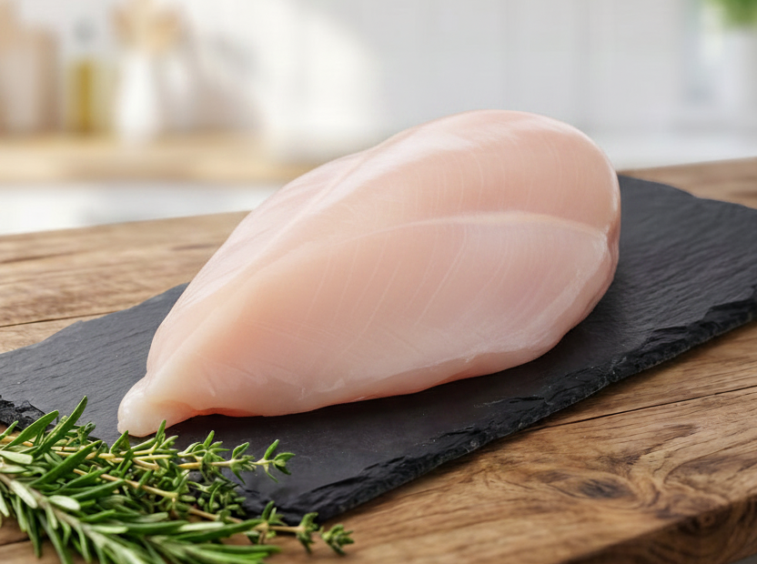 Raw chicken breast on a slate board with rosemary, set against a kitchen background.