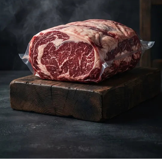 Raw Scotch Fillets on a wooden board with 'The BBQ Guy' branding and text about premium Cube Roll.