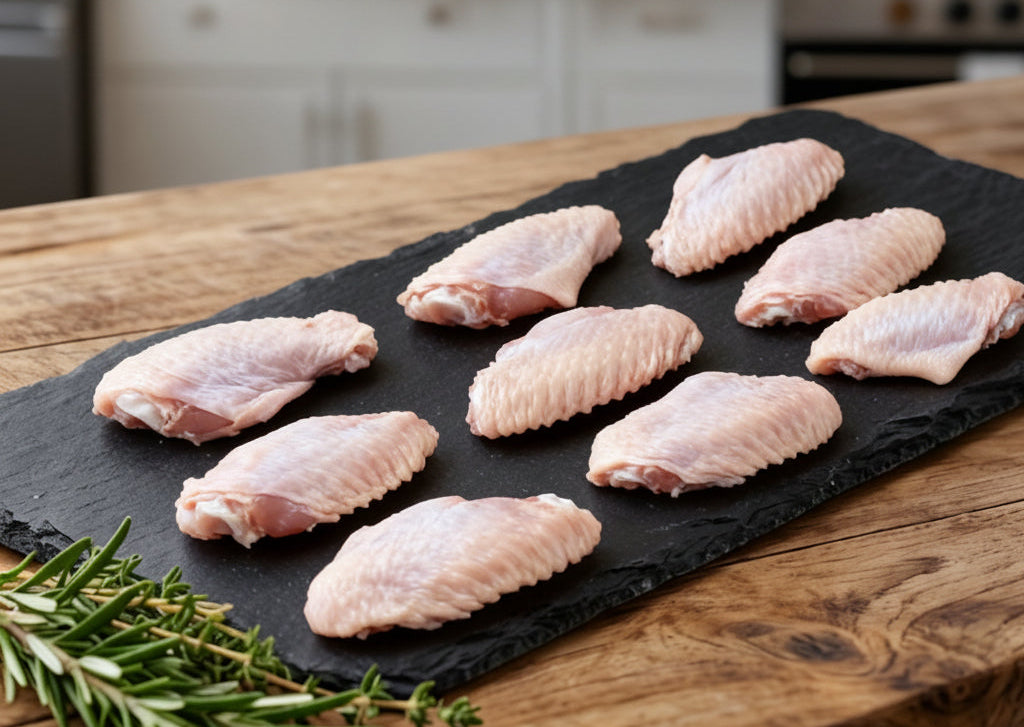 Raw chicken wings on a slate board with rosemary, set against a kitchen background.