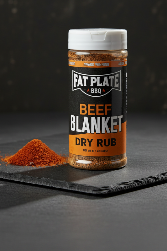 Jar of Fat Plate BBQ Pork Powder Dry Rub on a light gray background