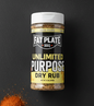 Fat Plate BBQ Unlimited Purpose Dry Rub container on a white background