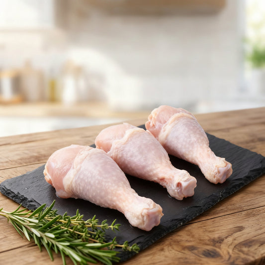 Raw chicken drumsticks on a slate board with rosemary, set against a blurred kitchen background.