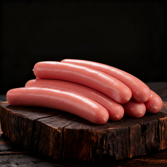 Raw hot dogs on a wooden cutting board with text about barbecue quality.