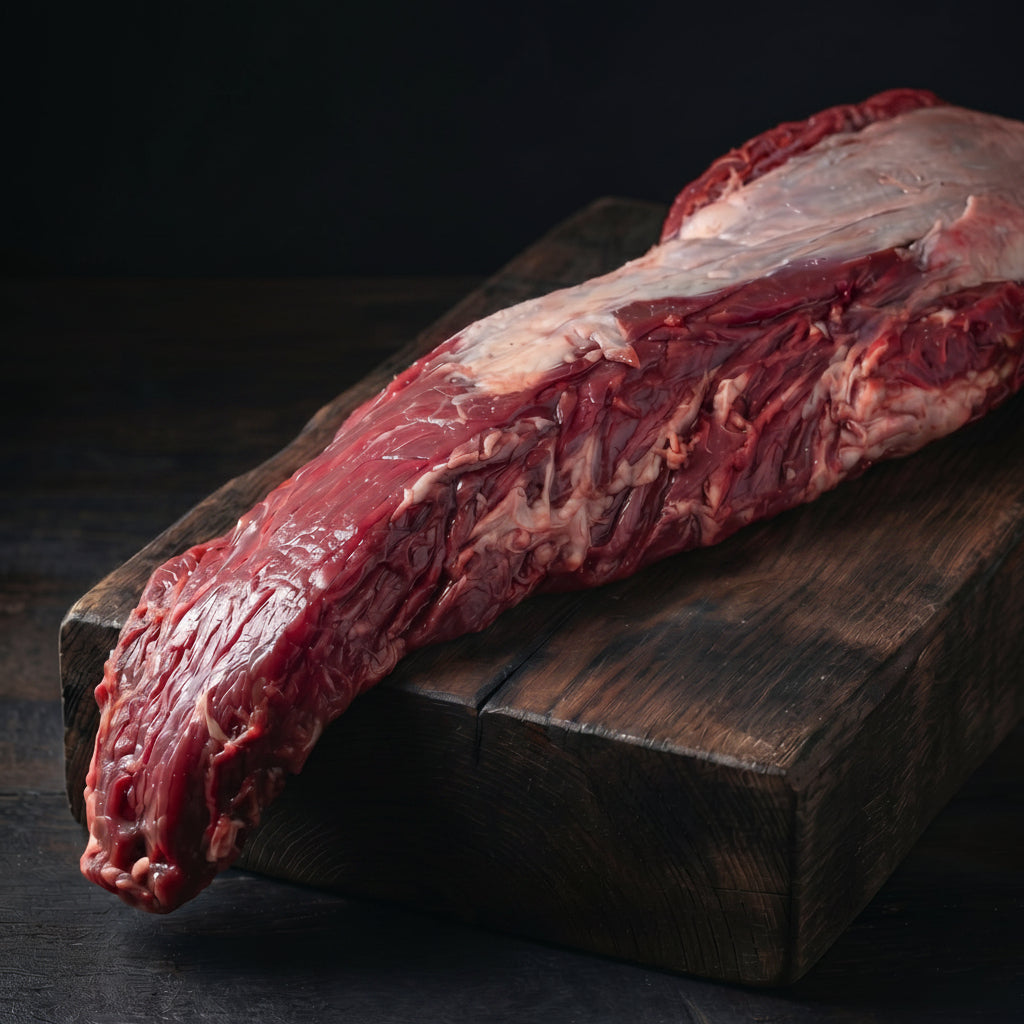 Raw beef on a wooden cutting board with a dark background