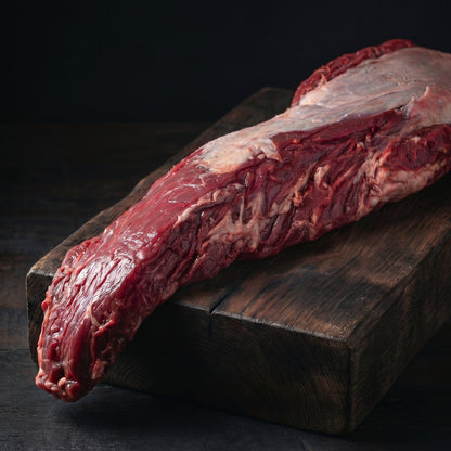 Raw beef on a wooden cutting board with a dark background