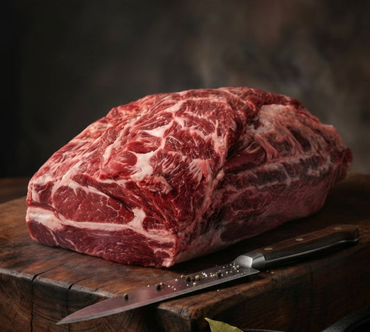 Raw beef brisket on a wooden cutting board with a knife, against a dark background