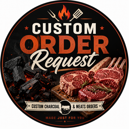 Circular logo for a custom meat and charcoal ordering service with steaks and grill elements.