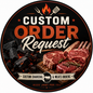 Circular logo for a custom meat and charcoal ordering service with steaks and grill elements.