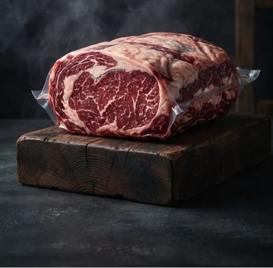 Raw Scotch Fillets on a wooden board with 'The BBQ Guy' branding and text about premium Cube Roll.