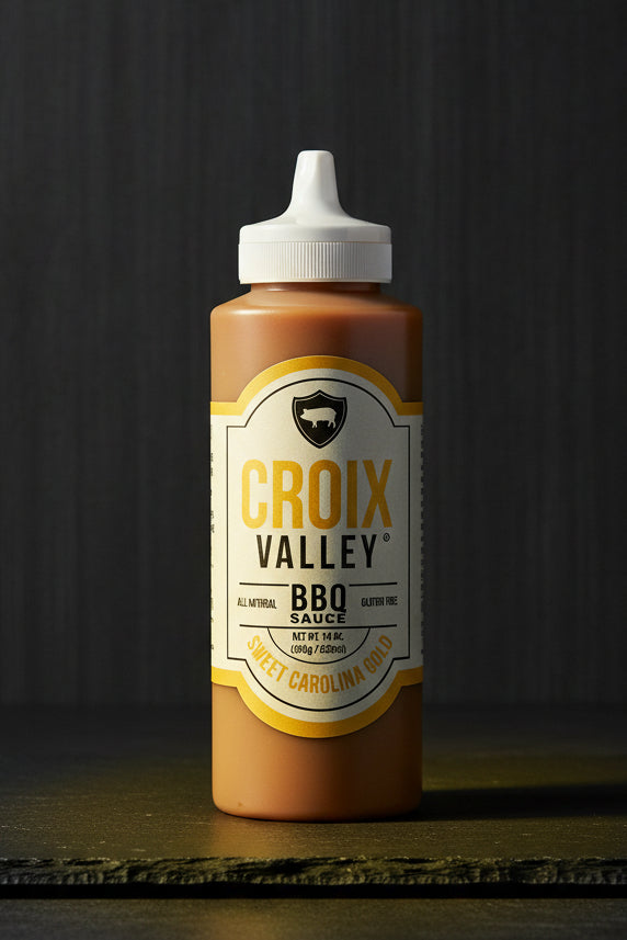 Bottle of Croix Valley BBQ Sauce with a white cap on a black background