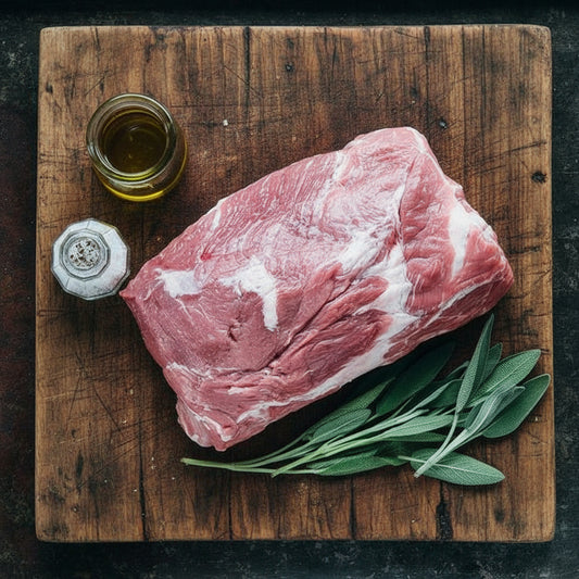 Raw meat on a tray with olive oil and sage leaves on a dark surface