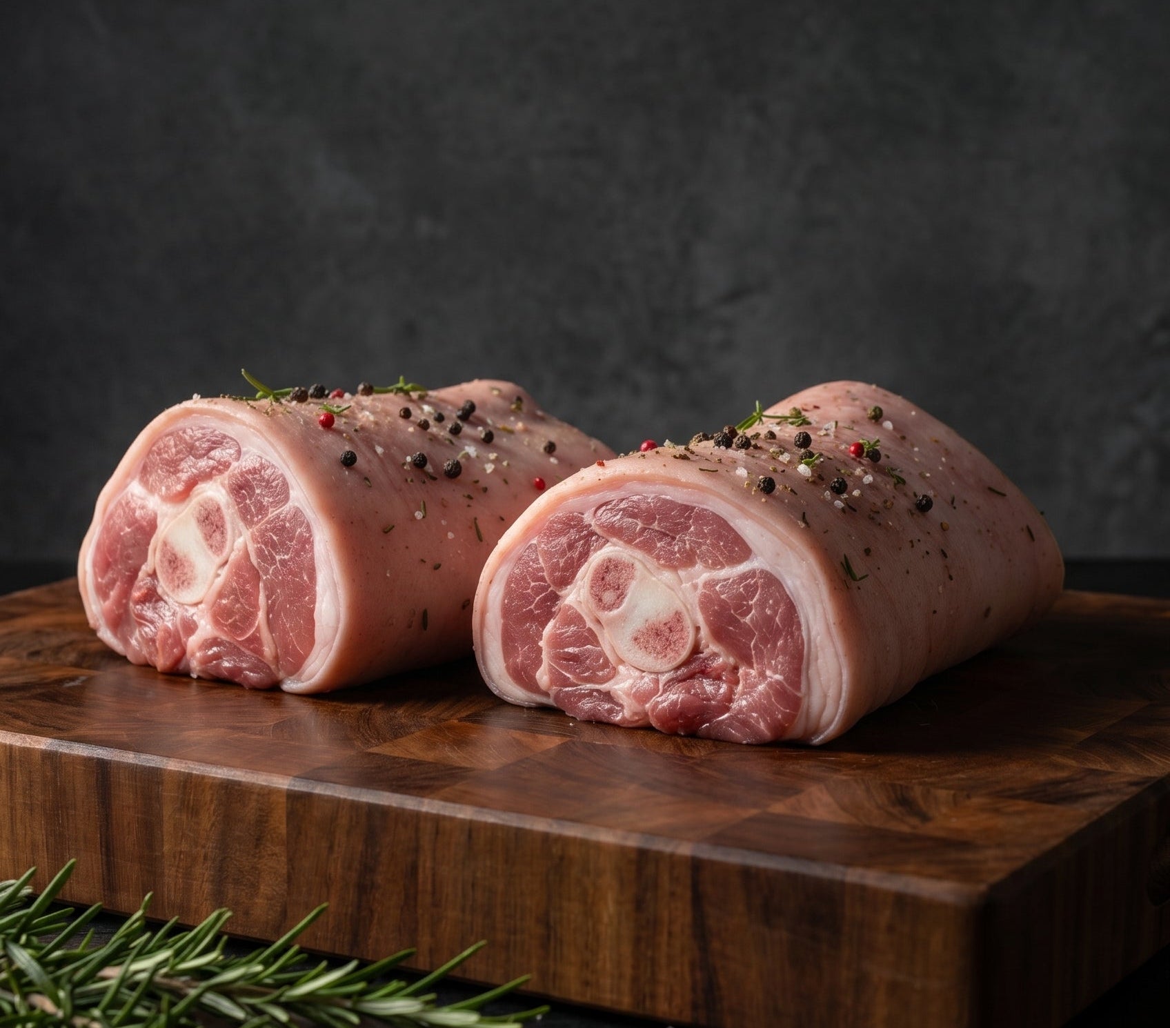 Two raw prime cuts of meat on a wooden cutting board with text about prime cuts and flavor.
