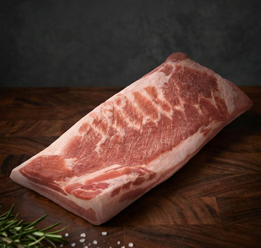 Raw prime cut of meat on a wooden surface with text about flavor and culinary experience.