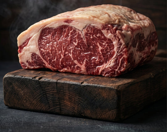 Steak on a wooden cutting board with smoke, text about restaurant-quality sear, and branding.