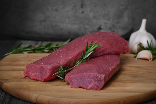 Two raw lamb backstraps with rosemary on a wooden surface