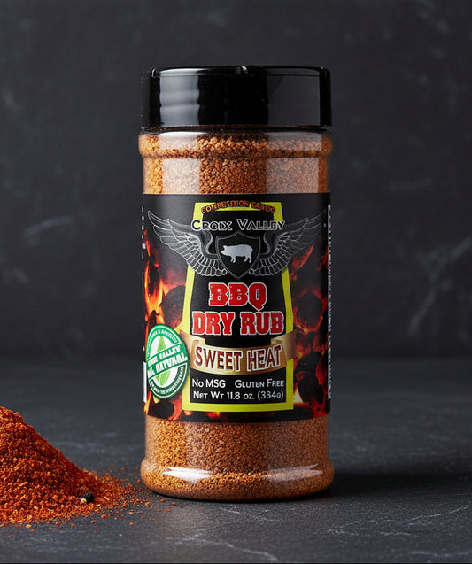 Jar of BBQ dry rub with a label on a black background