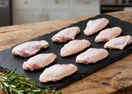 Raw chicken wings on a slate board with rosemary, set against a kitchen background.