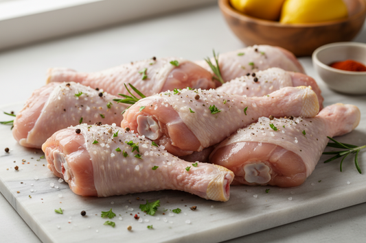 Raw chicken legs seasoned with herbs on a marble cutting board.