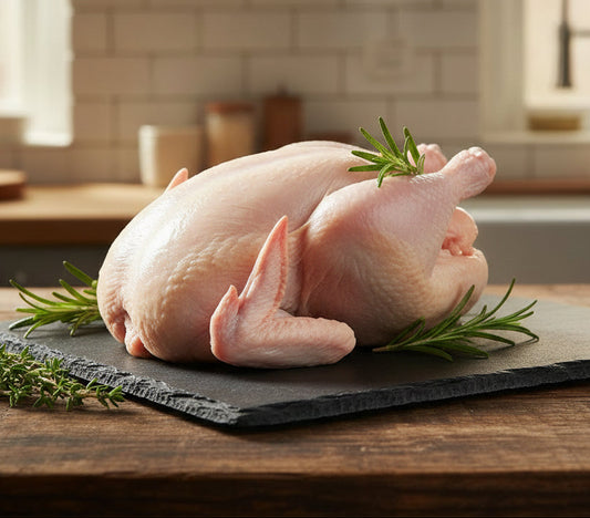Raw chicken on a wooden cutting board with rosemary sprigs